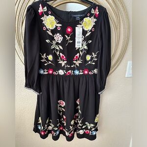 NWT FRENCH CONNECTION Bohemian Floral Embroiderey Black Rayon Dress